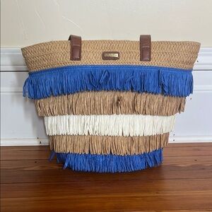 Sun'N'Sand Blue and Tan Woven Raffia Fringe Summer Tote Faux Leather Handle